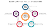 Colorful circular infographic slide illustrating the benefits of a public provident fund with placeholder text.