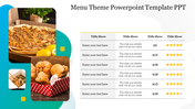 Menu layout with food images on teal backdrop and a table with prices, text placeholders, and star ratings on the right.