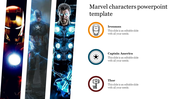 Marvel themed slide with images of Ironman, Captain America, and Thor, accompanied by icons and text sections.