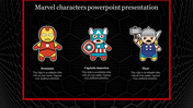 Marvel themed slide showing cartoon avatars of ironman, captain america, and thor against a black honeycomb background.