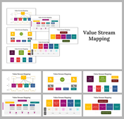 A slide deck showcasing different value stream mapping diagrams with colorful boxes and flow charts.