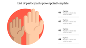 List of participants slide with a graphic of two raised hands and four numbered placeholders for participant details.