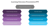 Chevron-shaped elements in mixed colour of blue and purple representing various learning outcomes,  arranged on both sides.