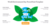 Illustration for World environment day, with green leaves holding the earth with text, dated June 5 in yellow box.