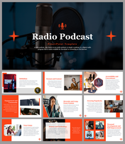 Radio podcast-themed deck with a main slide showing a microphone and title, and several detailed slides below.