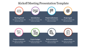 Kickoff meeting template with icons and text blocks outlining key topics  set against a professional dark blue background.