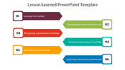 Educational slide showcasing six lessons learned with maroon, green, red, teal, yellow, and blue arrow numbered caption box.