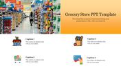 A grocery store aisle with a shopper on yellow backdrop, and four caption with colorful icons on white background.