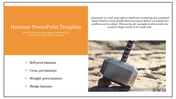 Slide with an orange block for the title and text below, and an image of a hammer on the right set against a white backdrop.