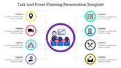 Event planning slide with eight colorful icons and caption areas surrounding a central presentation graphic.