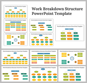 Slide deck with colorful charts and diagrams illustrating work breakdown structures using boxes and ovals in various layouts.