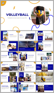 Slide deck featuring volleyball strategies, techniques, and rules with images of players and actions, using blue accents.