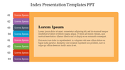 Index slide for PowerPoint presentations, showing colorful section tabs and a main text block with placeholder text.