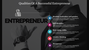 Entrepreneur qualities slide with five key traits listed on the right, each highlighted with a colored icon and description.