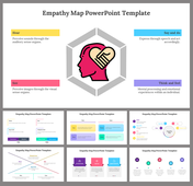 Empathy map slide deck with a head icon inside a hexagon, surrounded by labeled sections for different senses and actions.