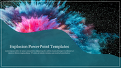 Colorful powder explosion in pink, blue, and purple above a wavy green overlay with text, on a dark background.