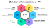 Six colored hexagons around a gray central hexagon, each with a unique icon and caption area related to market surveys.