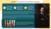 A slide showing an employee newsletter template with text sections, images of a business professional, a meeting, and icons.