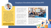 Employee newsletter template with a profile photo, placeholder text in yellow and white sections, and a team meeting photo.