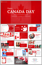 Happy Canada day slide deck, showcasing a red and white design with Canadian flags, maple leaves, and patriotic imagery.