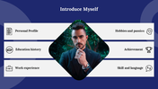 Self-introduction slides with personal profile, education, work experience, skills, and hobbies, centered around a photo.