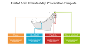 Slide with a gray map of the UAE and four colorful text boxes below, with lines connecting the positions on the map.