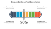 A slide with a progress bar at 50% completion with multicolored segments and caption areas in a white backdrop with a title.