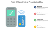 Point of sale slide featuring a terminal and blue payment card, paired with four colorful round icons arranged vertically.