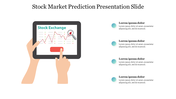 Illustration of a hand holding a tablet displaying a stock market graph, with four text areas on the right.