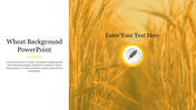 Golden wheat background with a central wheat icon, and a left text area on a white background.