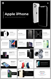 Apple iPhone overview slides showing design, Face ID, iOS, camera features, and other functionalities with images and text.