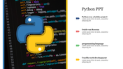 Slide with Python's logo and programming code in the background with four colored arrow text captions.