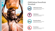 Child labour awareness slide with an image of a young child balancing a heavy load and icons with text captions.