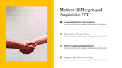 A slide showing a handshake on the left and motives of mergers and acquisitions on the right.