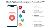 Mobile application development slide featuring a smartphone graphic with colored icons with key features lists and text area.