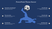 Soccer player silhouette in action with a ball above, set on a dark blue background, with six text areas around.