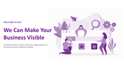 SEO presentation slides covering services, agency details, and contact information with purple illustrations.