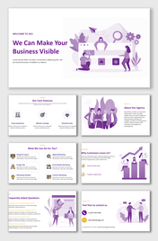 SEO presentation slides covering services, agency details, and contact information with purple illustrations.