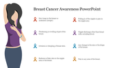 Breast cancer awareness slide with a graphic of a woman on the left and eight symptom descriptions with colored ribbons.