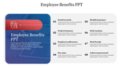 Employee benefits slide with eight sections outlining various perks with placeholder text.