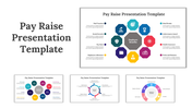 Set of slides showing colorful circular and hexagonal layouts with various icons representing pay raise elements.