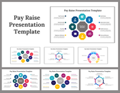 Set of slides showing colorful circular and hexagonal layouts with various icons representing pay raise elements.