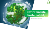 Slide deck on environmental sustainability with images of nature, forests, and recycling icons in green accents.