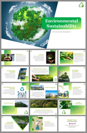 Slide deck on environmental sustainability with images of nature, forests, and recycling icons in green accents.