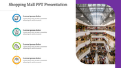 Slide with four colored icons and a large image of a shopping mall interior on the right with purple border.