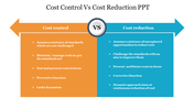 Comparison between cost control and cost reduction colored slide highlighting key differences in focus and approach.