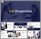 Slides with corporate images, infographics, and text, outlining job promotion types and challenges in dark blue tones.