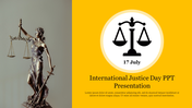 International justice day slide with a statue of lady justice and scales symbol on a bright yellow background.