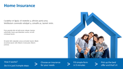 Family sitting inside a blue house frame with instructions on selecting home insurance shown on the left.