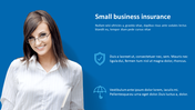 Professional slide highlighting small business insurance with a smiling woman and key insurance points on a blue backdrop.